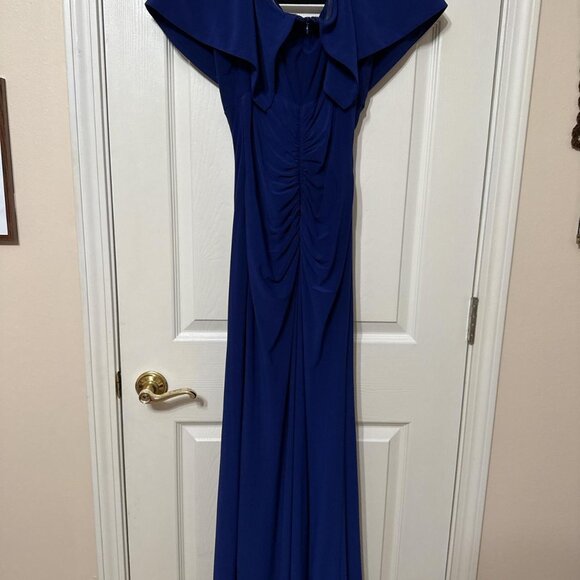 XSCAPE navy blue off the shoulder mermaid dress with ruched detail in the back - Picture 3 of 3